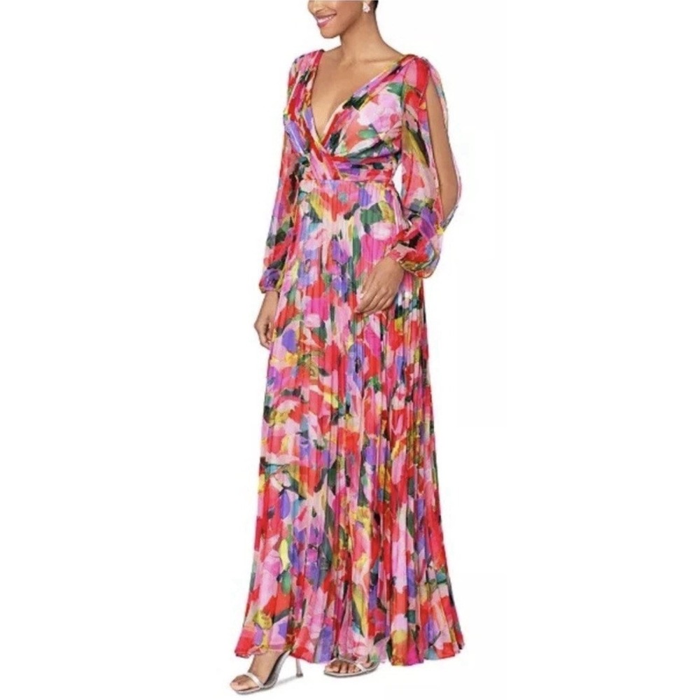 Betsy And Adam Women Watercolor Floral V-Neck Long-Sleeve Dress Pleated Size 10